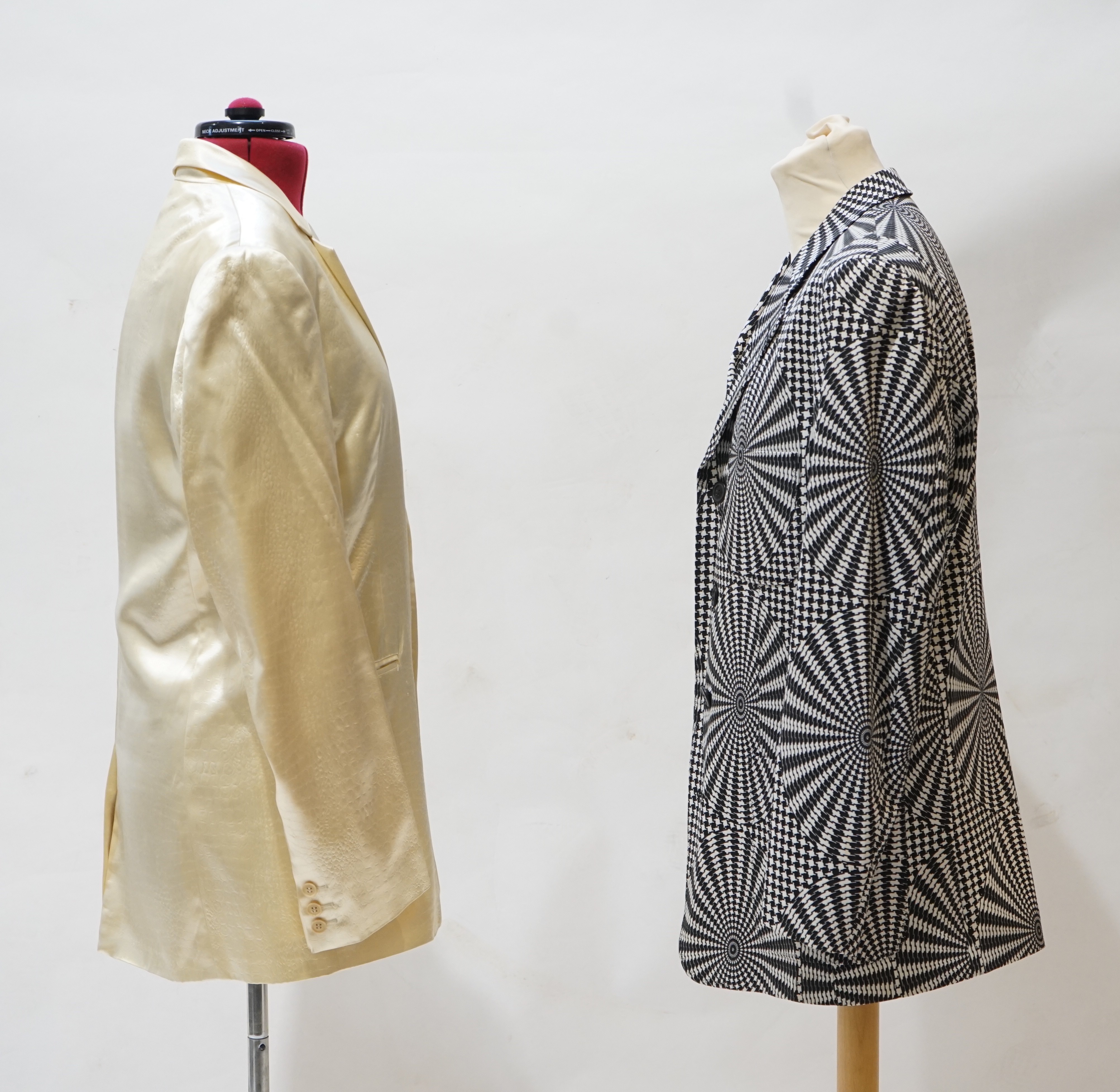 An Issay Miyake Men half-lined jacket with concentric dog tooth print, size L and a Katherine Hamnett Stile Moda snake sheen jacket, UK size 42